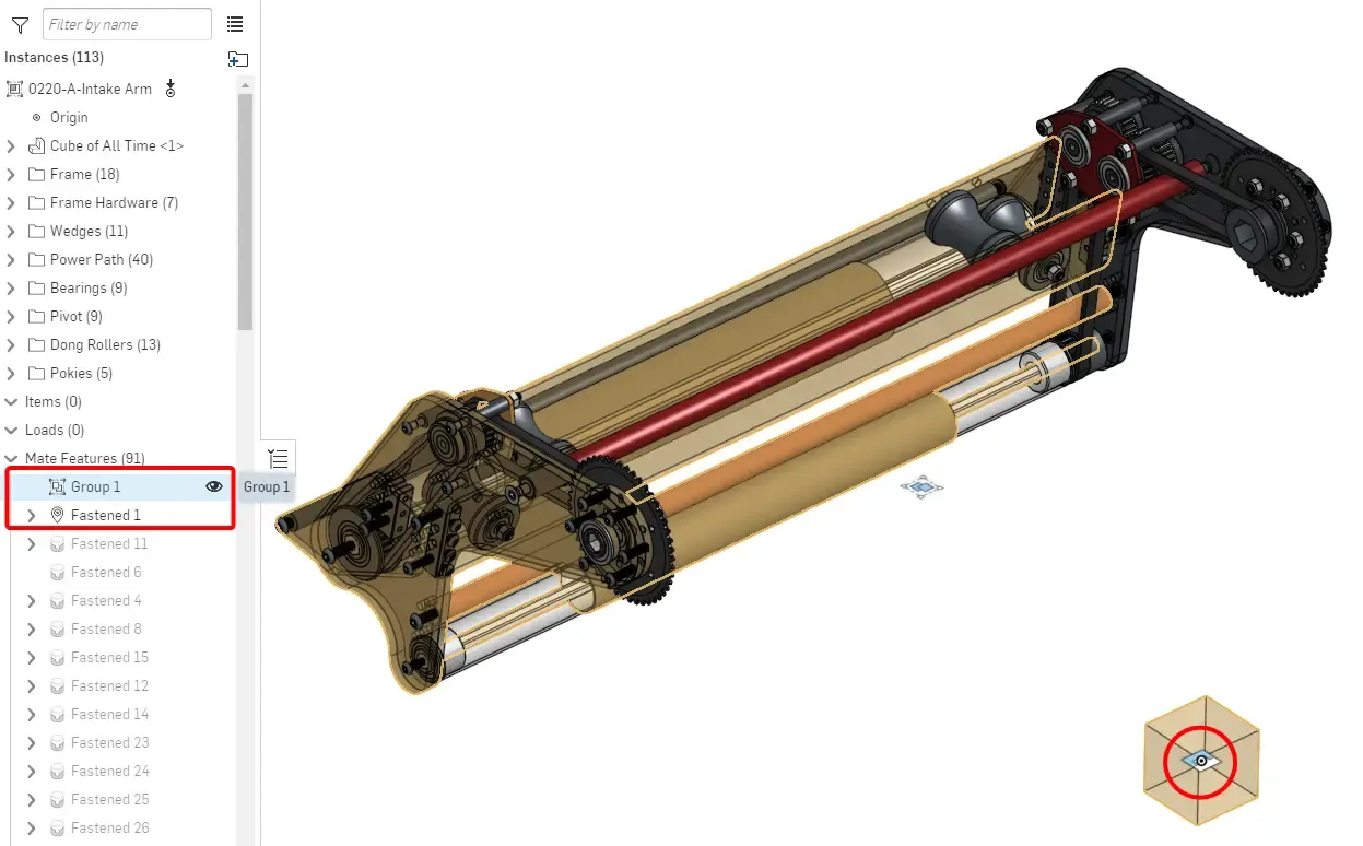 Moving Components Assembly: 0220-A-Intake Arm. The components are group mated and the origin cube is fastened to the origin.