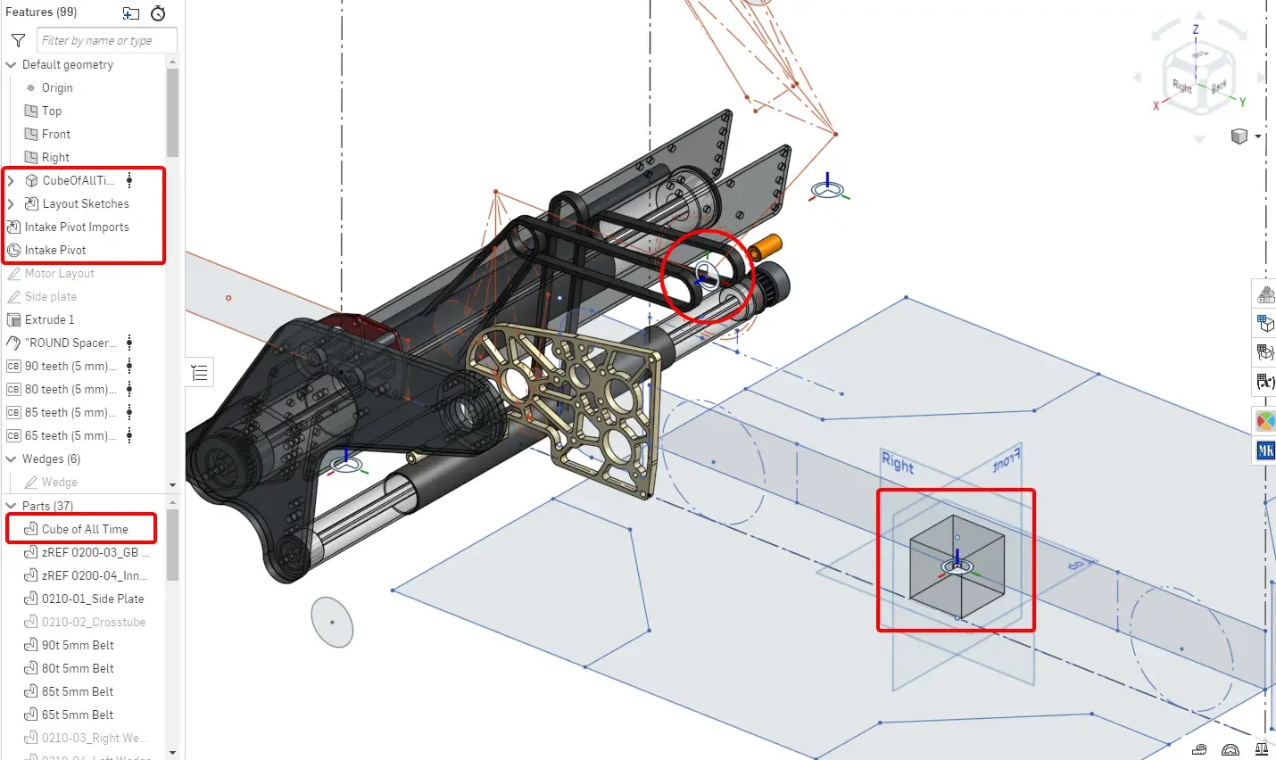 Moving Components PS: 0220-Intake Arm. Notice the intake pivot mate connector, derived from the orange main layout sketch.